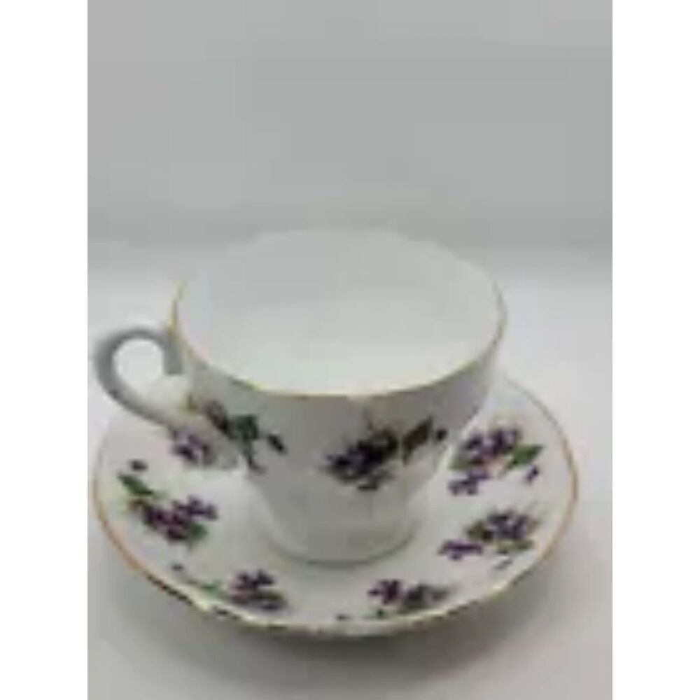 Vintage England Teacup Saucer Royal York Bone China Purple Violets Flowers